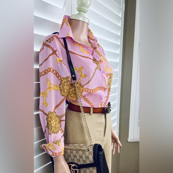 NWT~Pink Button Down Blouse w/Chain/Medallion Print Sz. Small by Timing - Picture 3 of 5